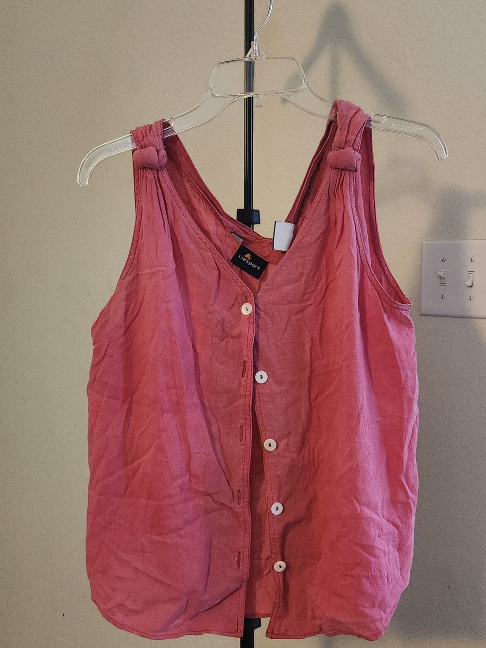 Liz Sport Pink Knot-Shoulder Button-Front Tank